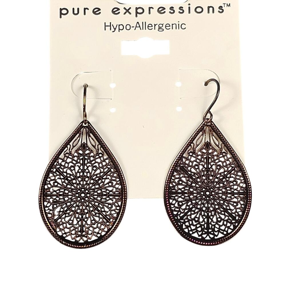Pure Expressions Bronze Tone Filigree Teardrop Dangle Earrings Hypo-Allergenic
